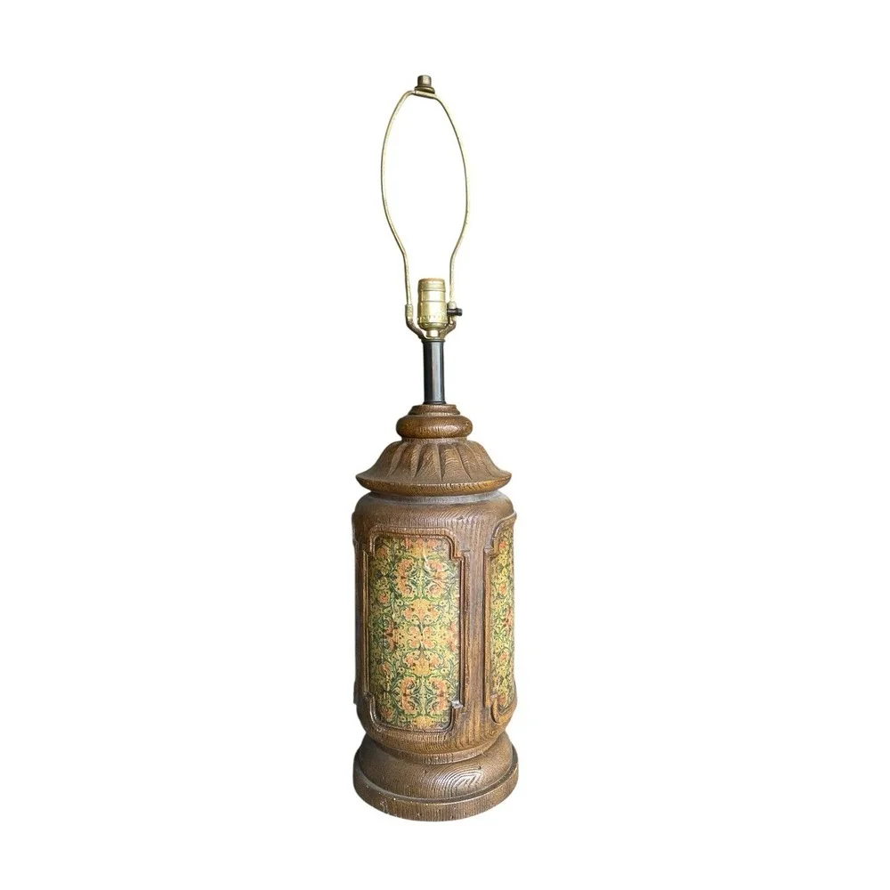 Vintage Mid Century Table Lamp Wood Grain Floral Panels Hollywood Regency Retro